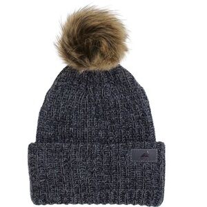 Adult Acrylic Ribbed Cuff Winter Hat with Pom Black and Dark Grey Blended nwt